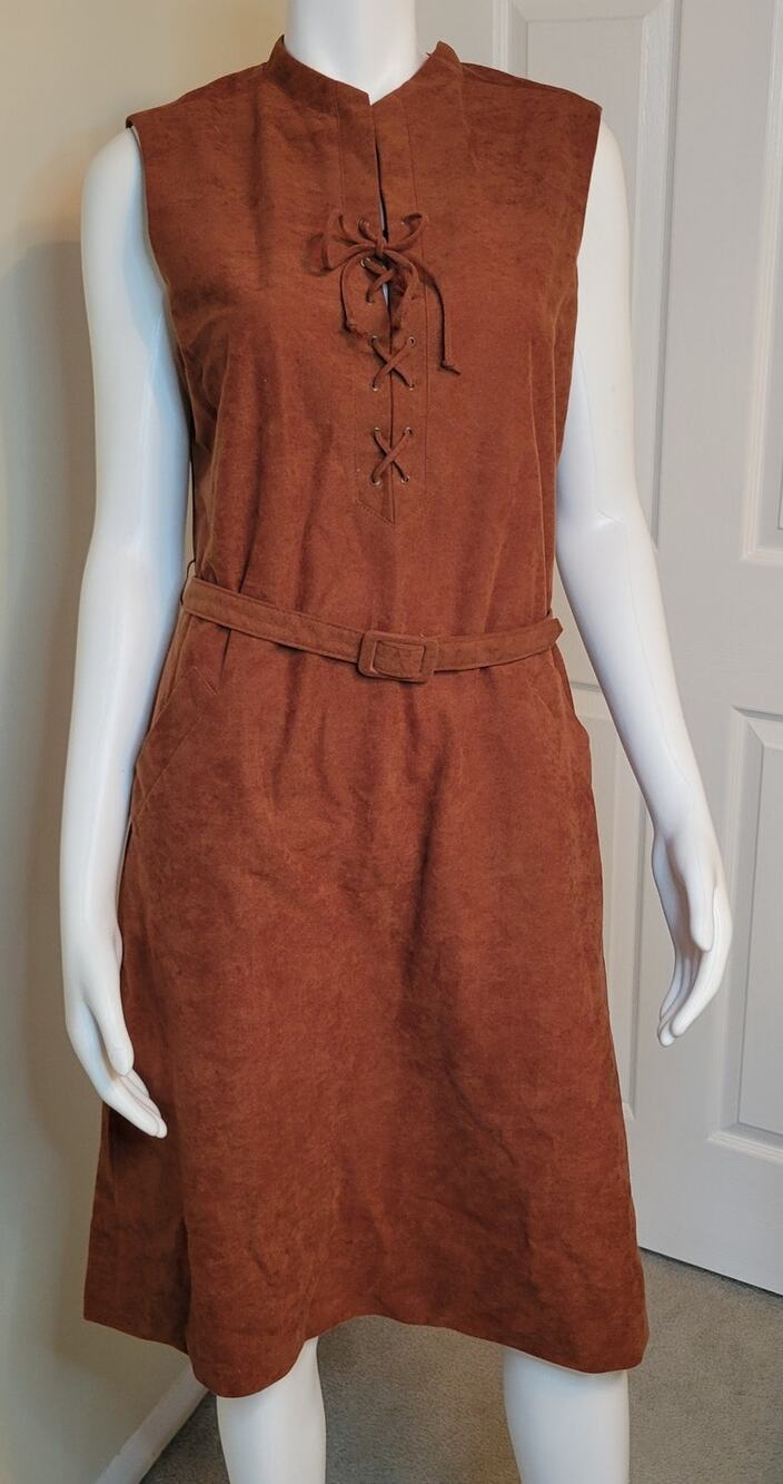 Henry Lee Vintage Faux Suede Burnt Orange Sleeveless Midi Dress Lace Up Size M